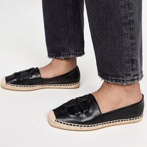 TORY BURCH Woven Double T Aline Black Leather Espadrilles 10